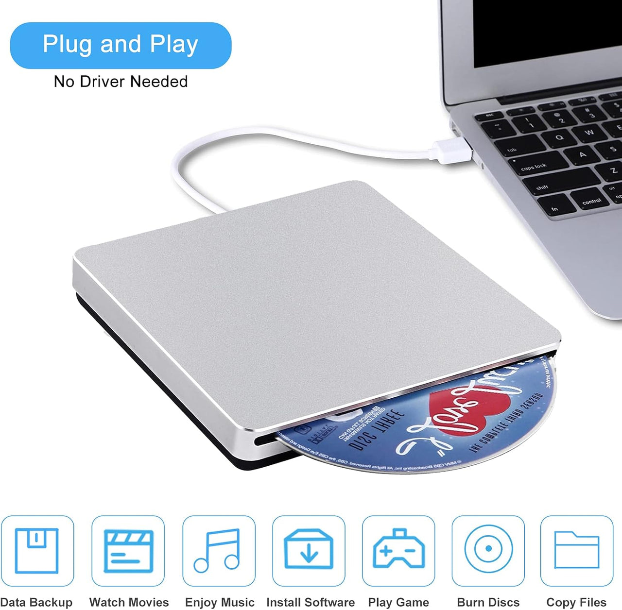 USB 2.0 External CD DVD Portable Drive Writer Player For PC/Laptops Mac Windows