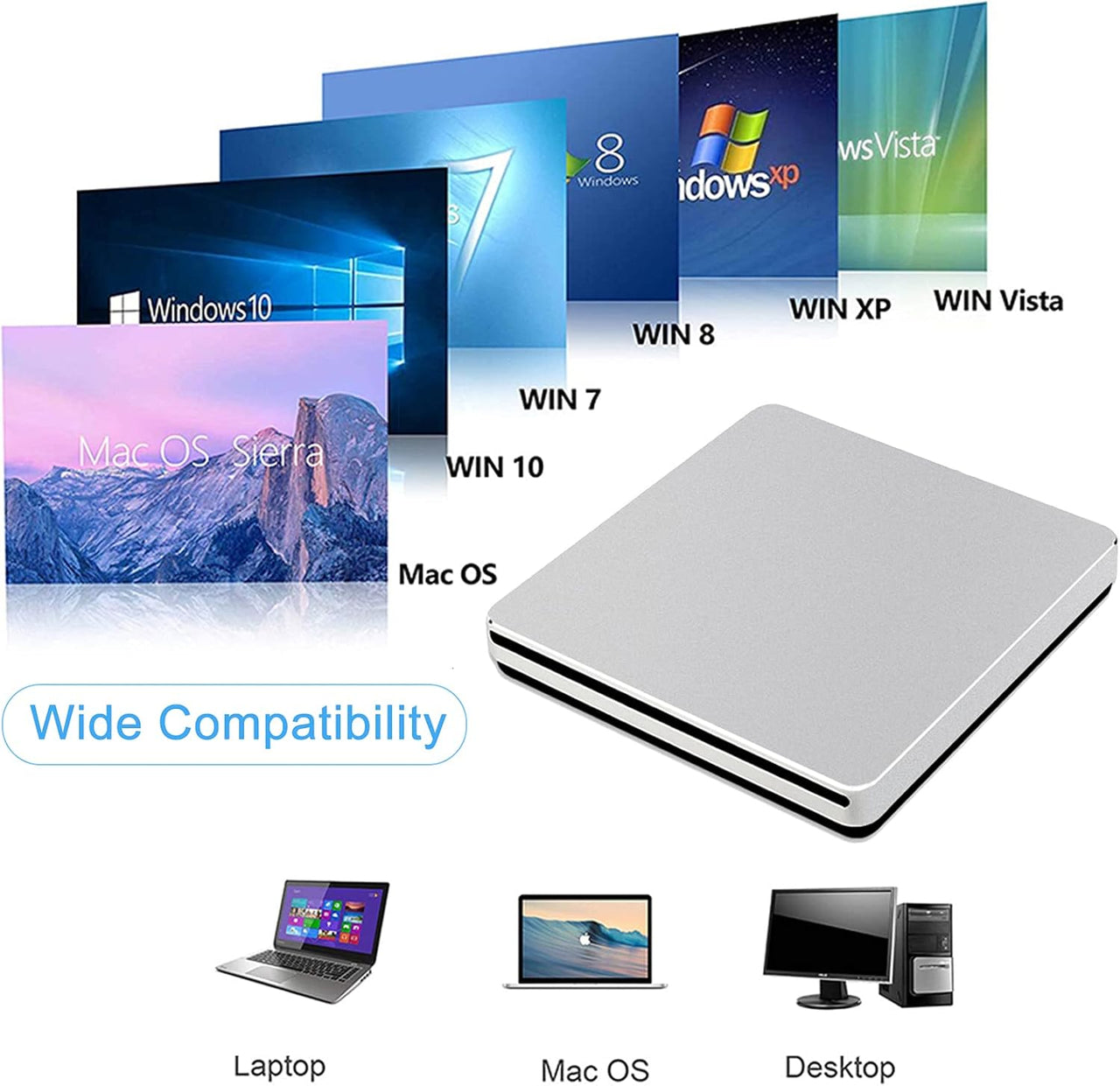 USB 2.0 External CD DVD Portable Drive Writer Player For PC/Laptops Mac Windows