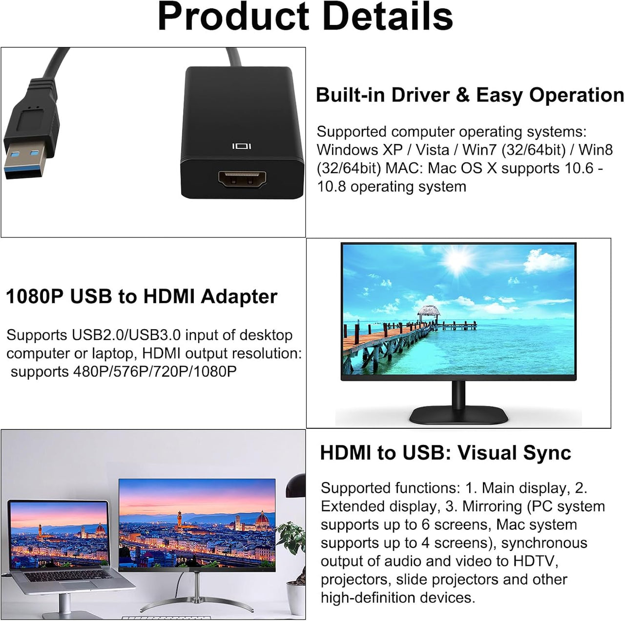 USB 3.0 to HDMI Adapter, 1080P Video Converter Cable