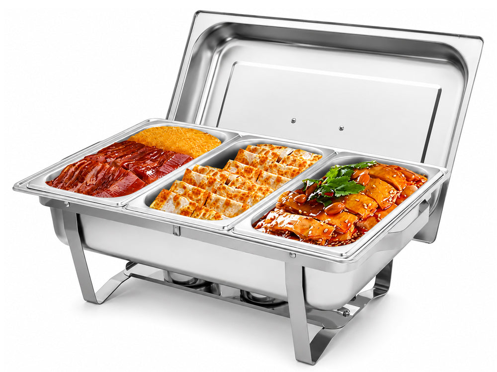 11L Stainless Steel Chafing Dish Buffet Food Warmer with 3 Compartments, Lid & 2 Fuel Holders