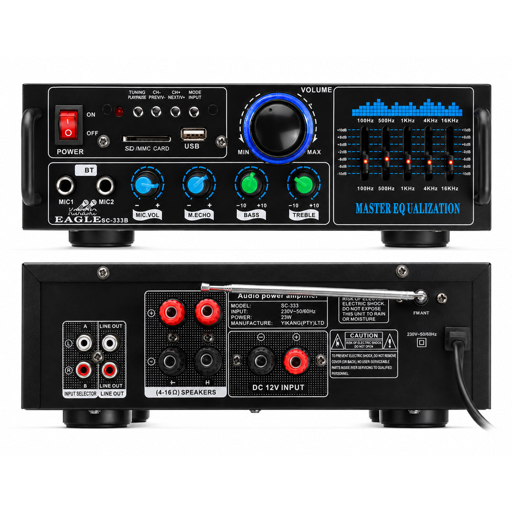 160W Bluetooth 5.0 HiFi Stereo Amplifier with Dual Microphone Inputs, 5-Band EQ, FM Radio, USB, SD & Remote – Black