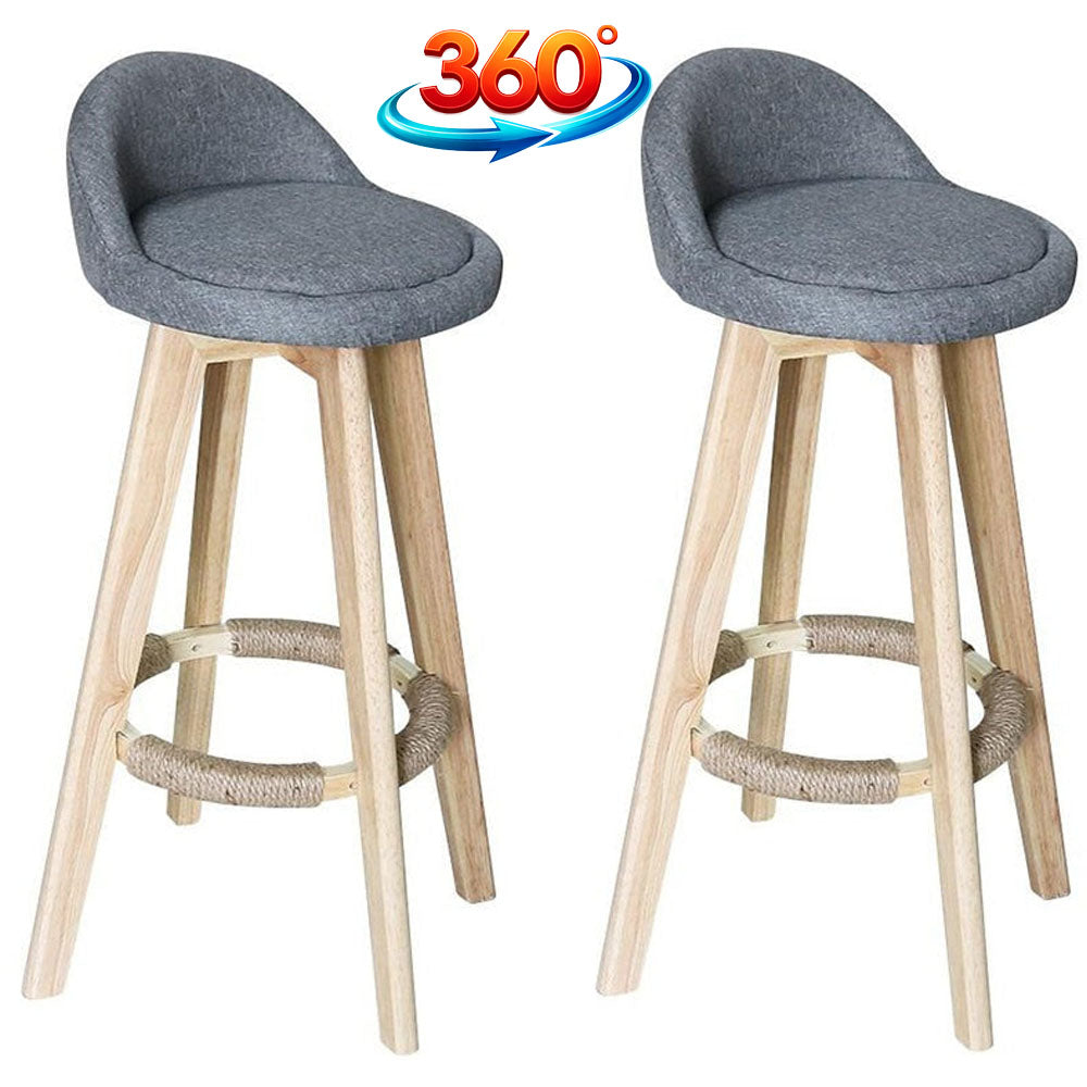 Set of 2 Bar Stools Padded Linen Wooden Grey Bar Stool